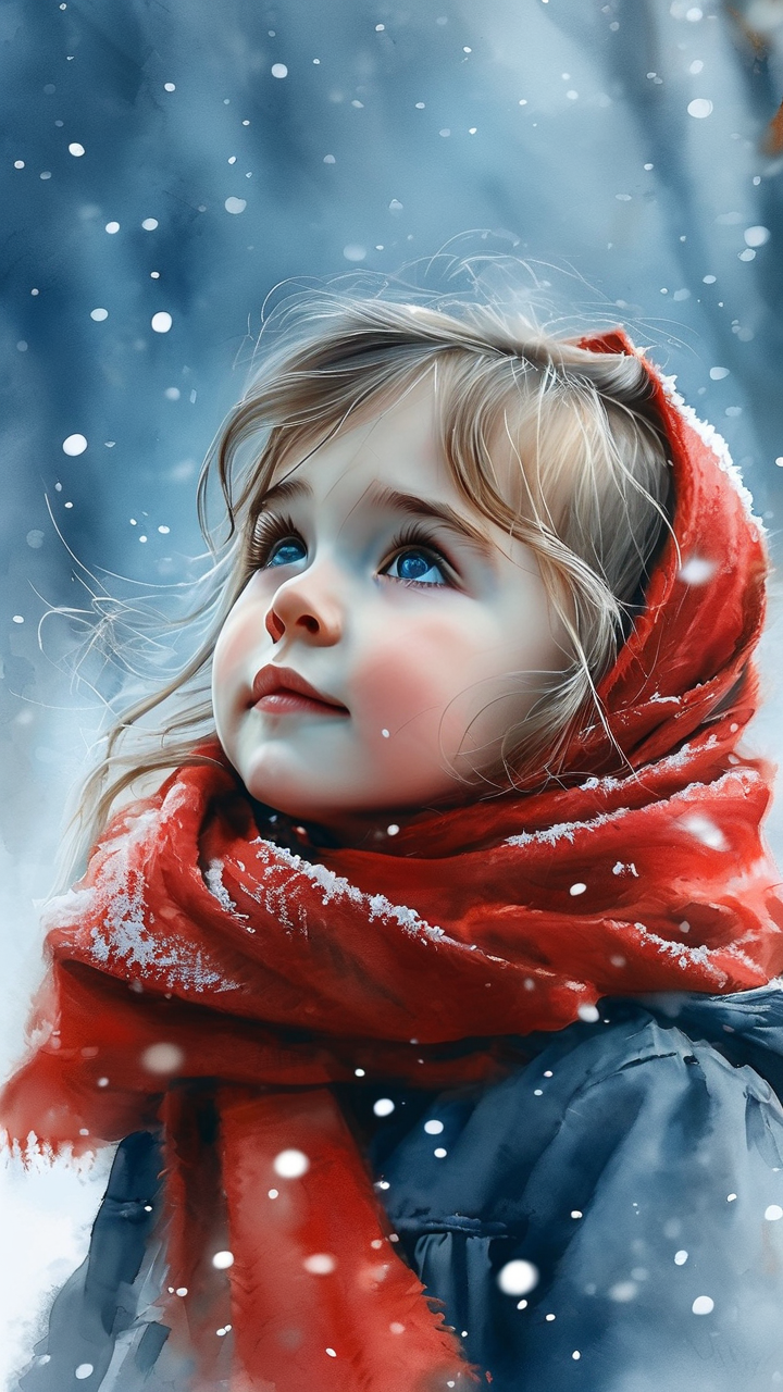 Watercolor AI art: 雪地里裹着红围巾的小女孩仰望天空，蓝调时刻的冷色调