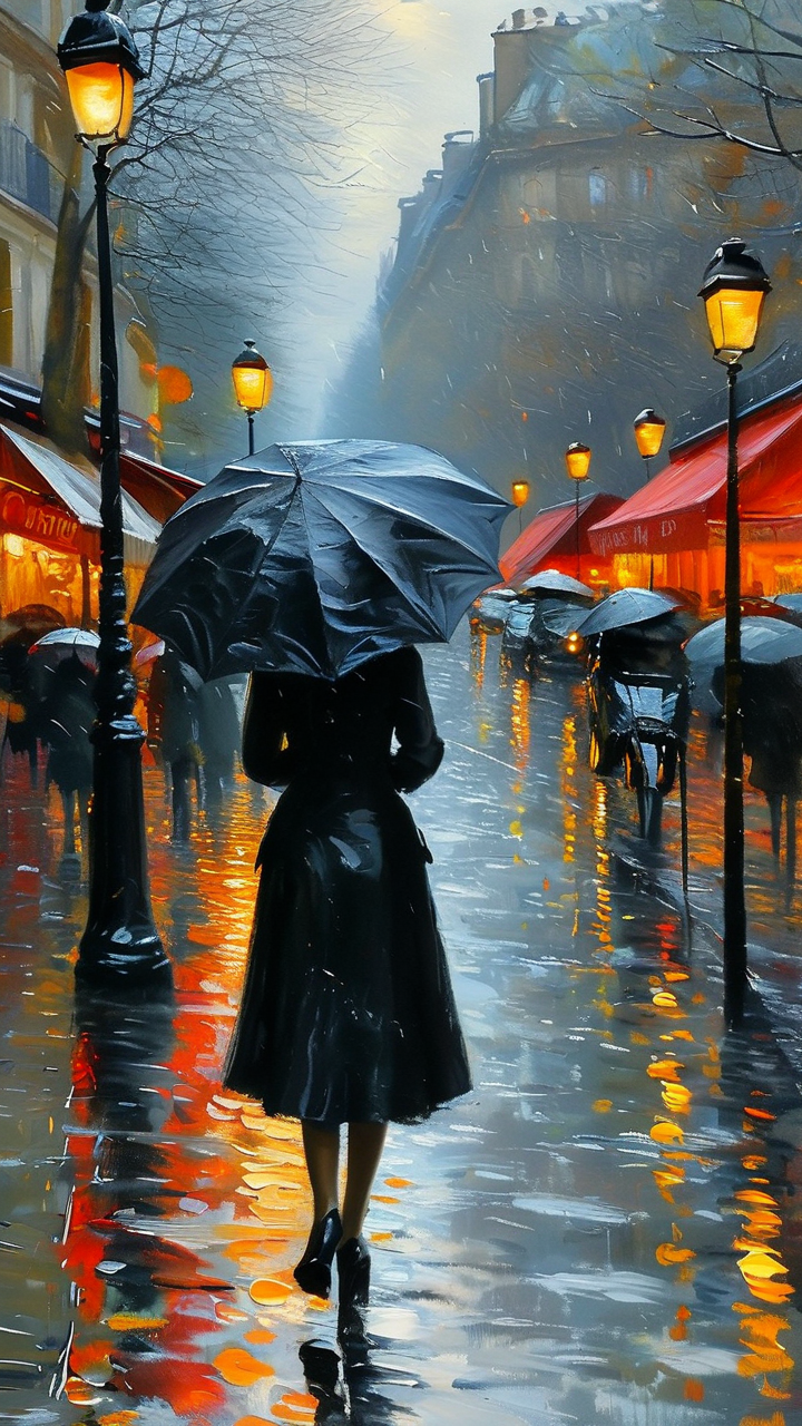 Impressionism AI art: 雨中撑伞走过巴黎街头的女子背影，暴风雨来临前的压抑天空