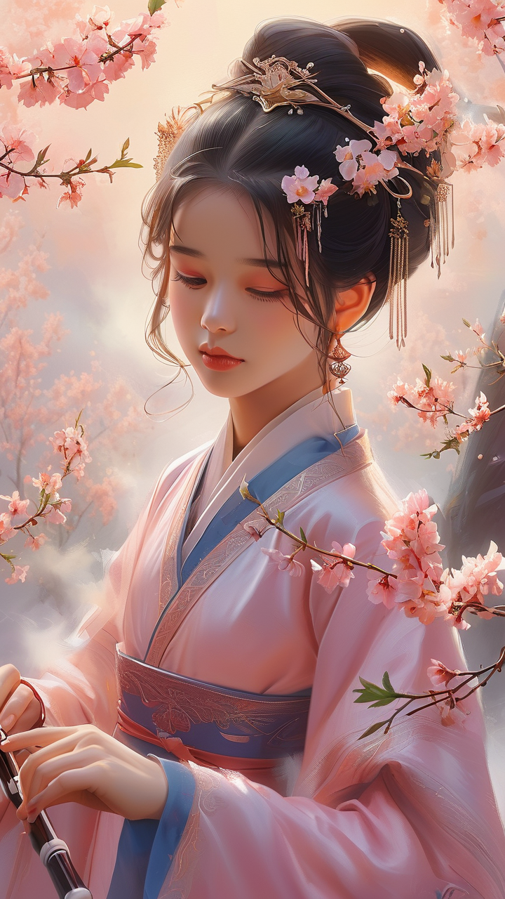 Anime AI art: 身着汉服的少女在桃花林中抚琴，薄雾朦胧的氤氲氛围