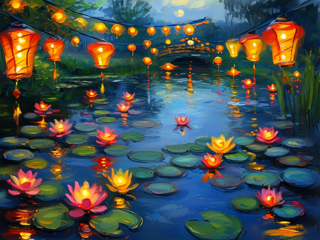 Impressionism AI art: 莫奈风格的睡莲池塘，节日灯火的绚烂背景