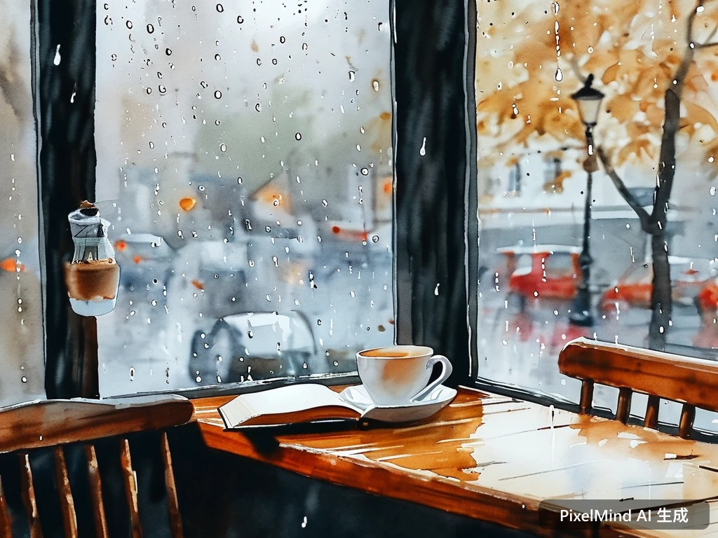 Watercolor AI art: 温馨的咖啡馆角落,雨天与一本书,电影感的戏剧性光影