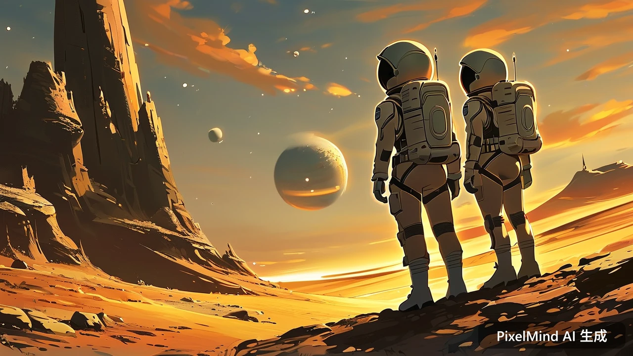 Anime AI art: 卡通风格的太空探险小队登陆外星球，黄昏温暖的金色光线