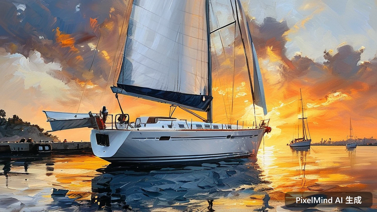 Oil Painting AI art: 停泊在港湾的白色帆船,夕阳西下