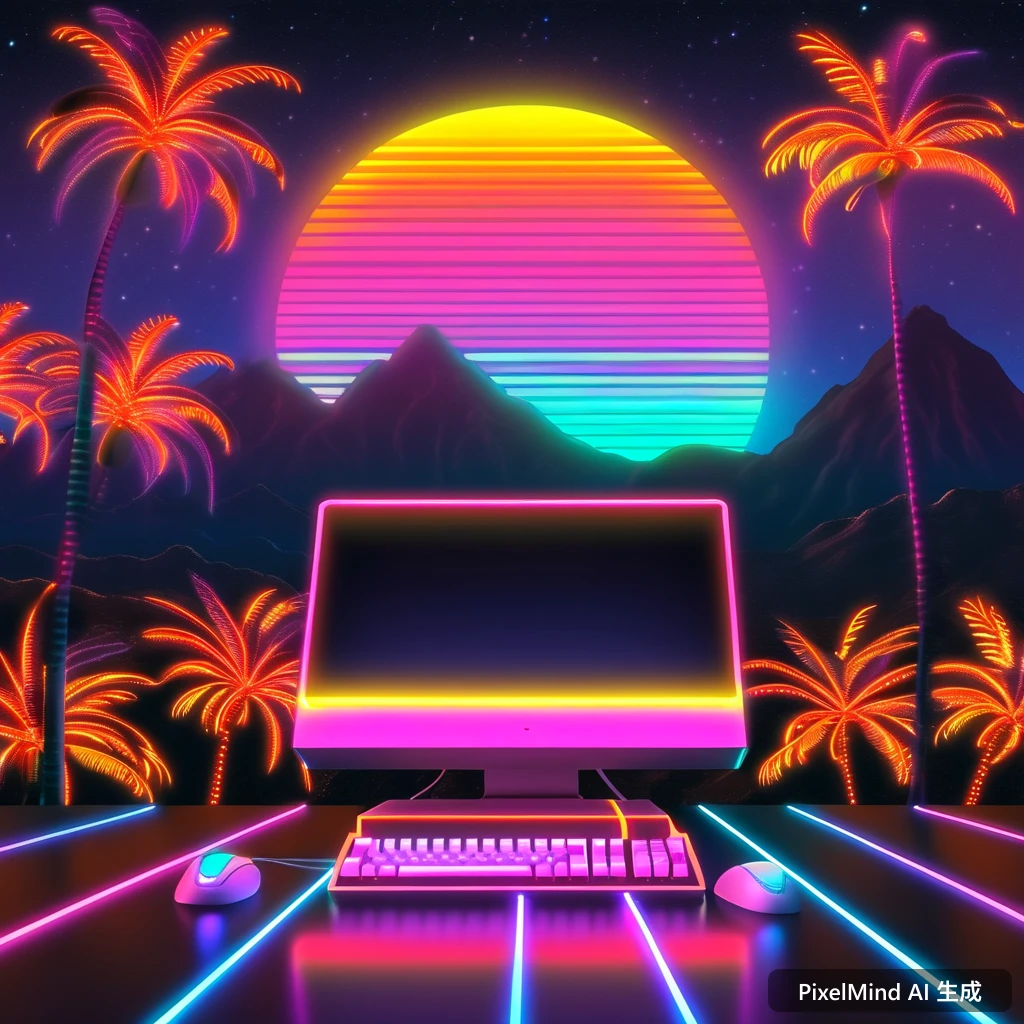 Neon Glow AI art: 蒸汽波风格的复古电脑与棕榈树