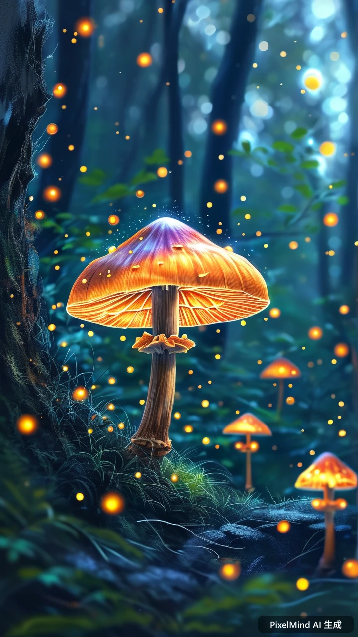 Fantasy AI art: 森林深处的发光蘑菇与萤火虫
