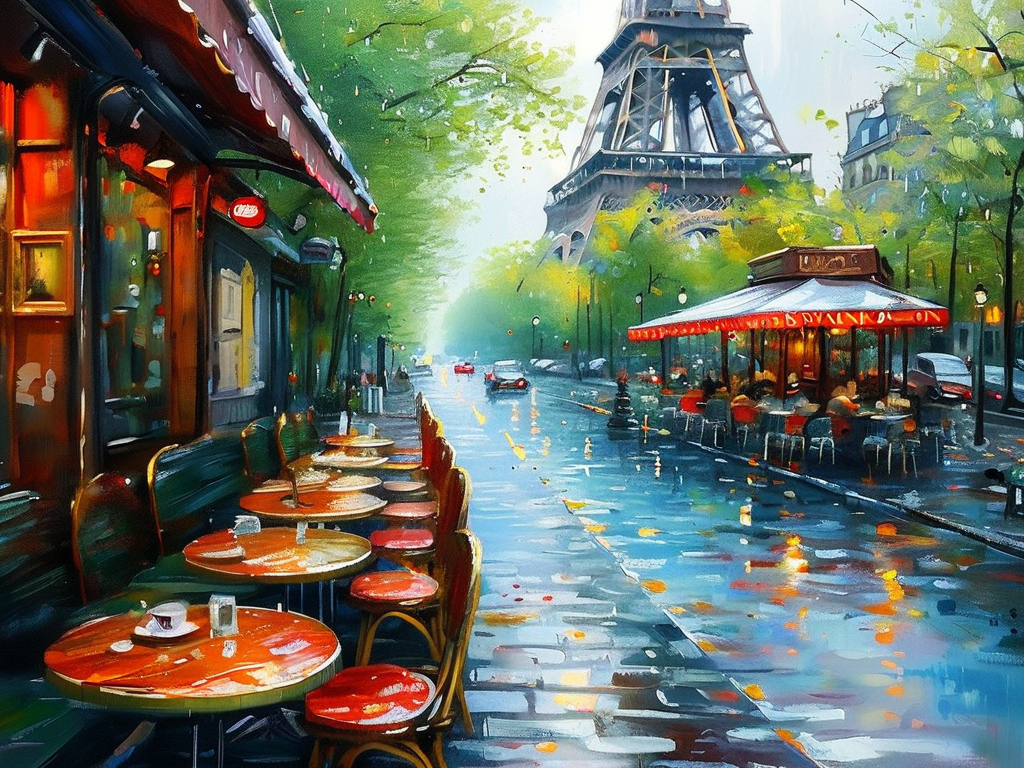 Impressionism AI art: 巴黎埃菲尔铁塔下的春日街头咖啡馆，雨后湿润清新的空气中