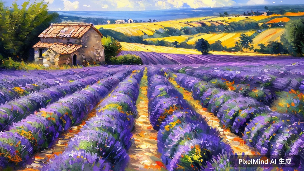 Impressionism AI art: 薰衣草田一望无际,远处是法式小屋