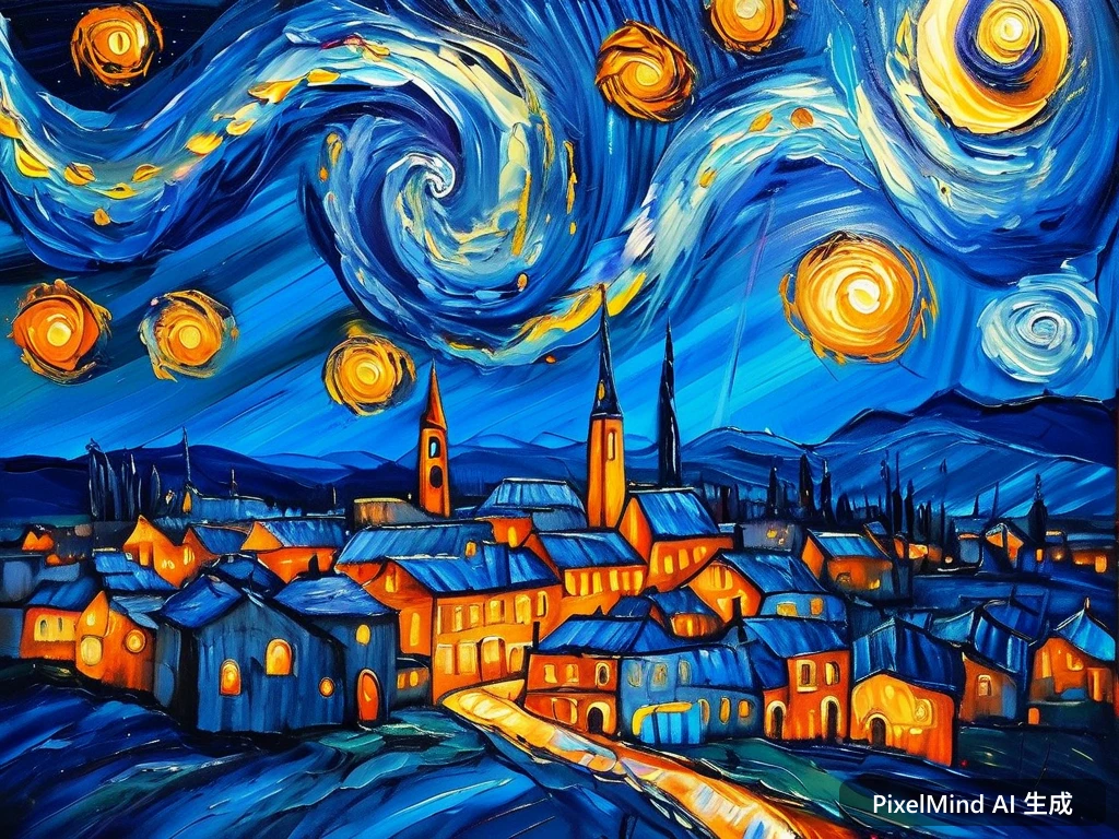 Oil Painting AI art: 梵高风格的星空下的小镇,逆光形成的唯美剪影