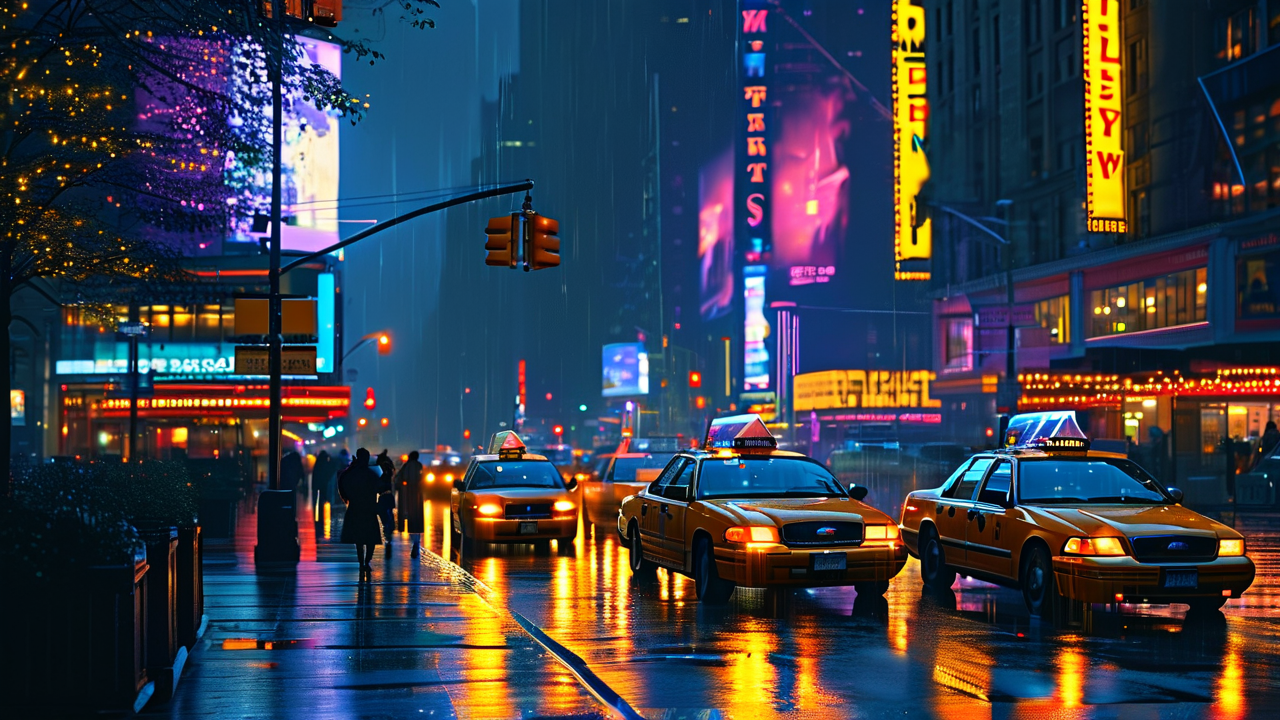 Cyberpunk AI art: 纽约时代广场的雨夜与黄色出租车，逆光形成的唯美剪影