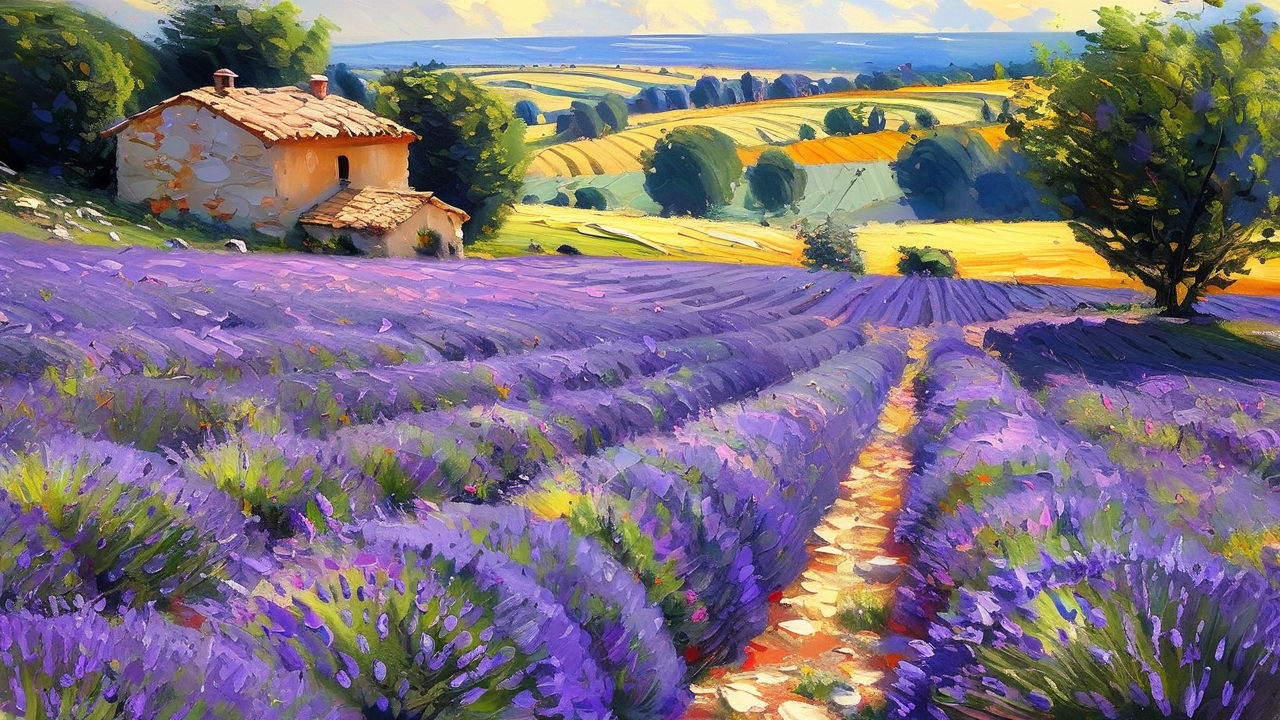 Impressionism AI art: 薰衣草田一望无际，远处是法式小屋，高对比强烈的色彩