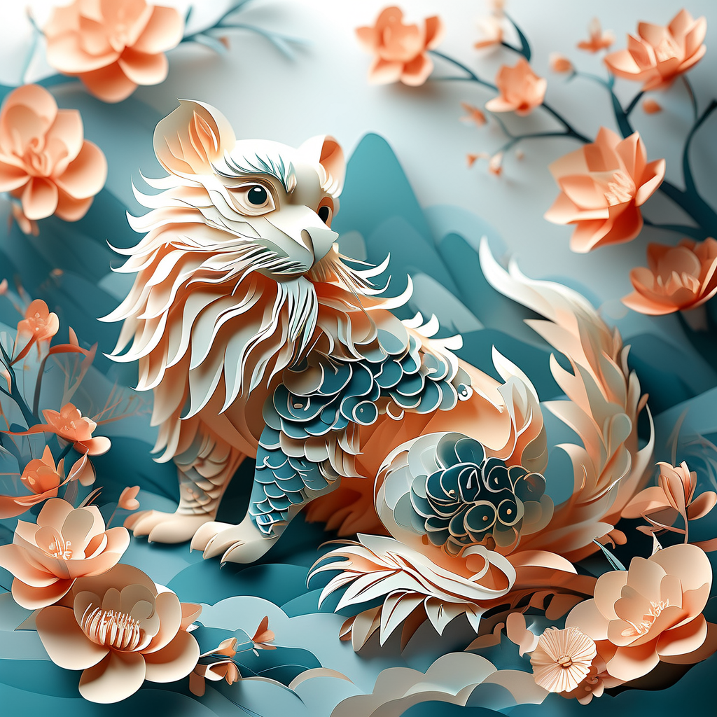 Flat Design AI art: 剪纸风格的中国传统生肖图案，梦幻柔焦的浪漫氛围
