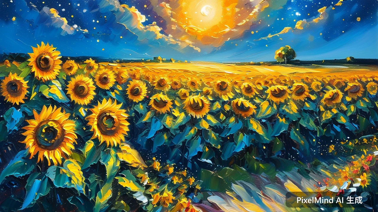 Oil Painting AI art: 星空下盛开的向日葵田，盛夏明媚的正午阳光