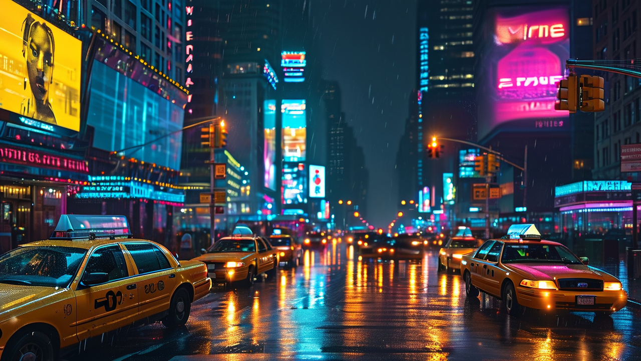 Cyberpunk AI art: 纽约时代广场的雨夜与黄色出租车，梦幻柔焦的浪漫氛围