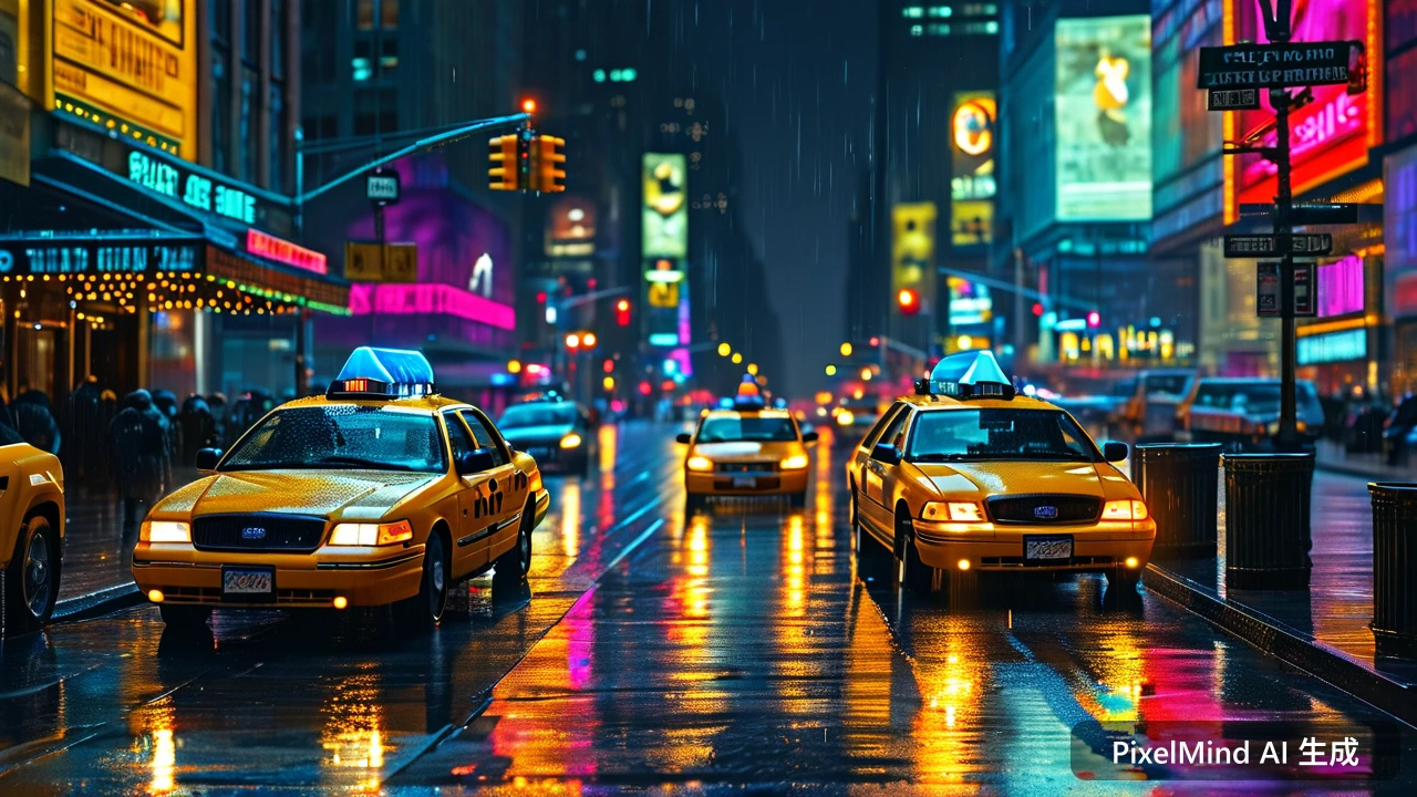 Cyberpunk AI art: 纽约时代广场的雨夜与黄色出租车