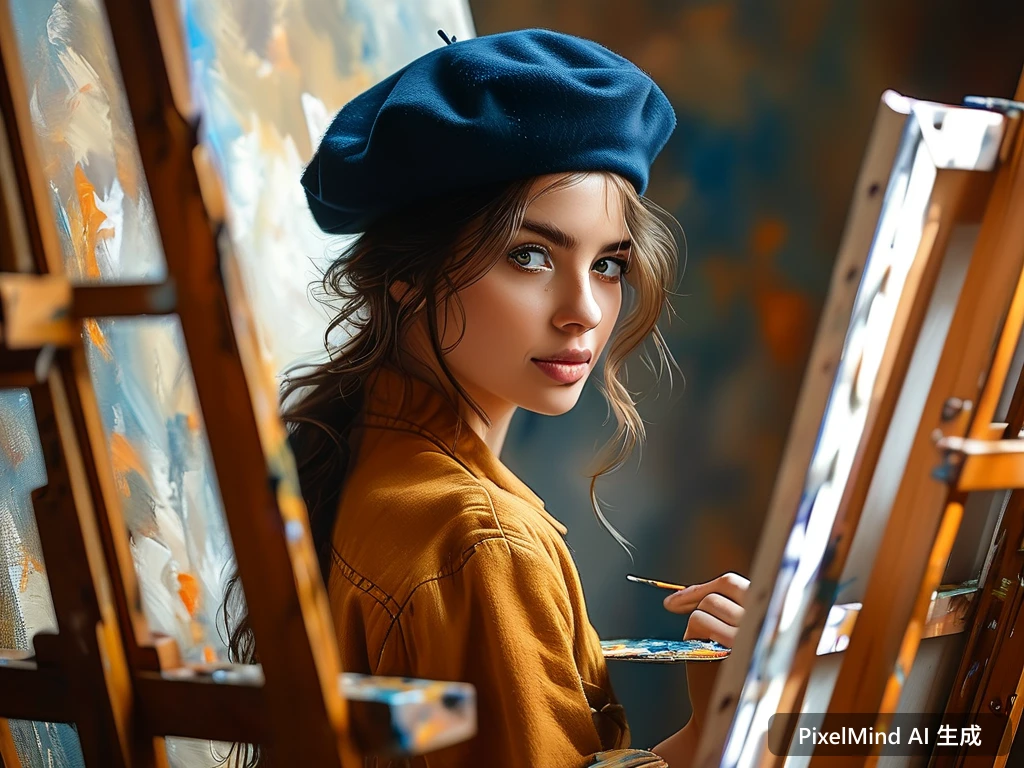 Oil Painting AI art: 戴贝雷帽的女画家在画架前作画