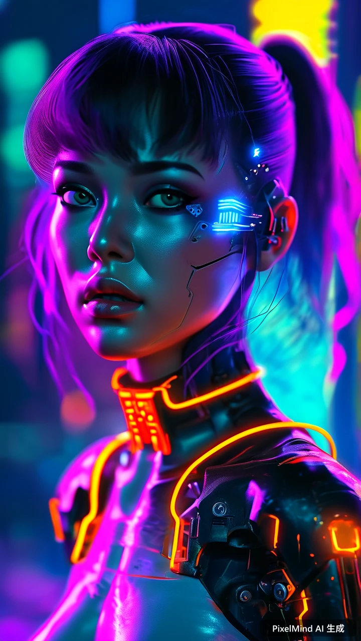 Cyberpunk AI art: 赛博朋克女孩，半机械义体，霓虹背景