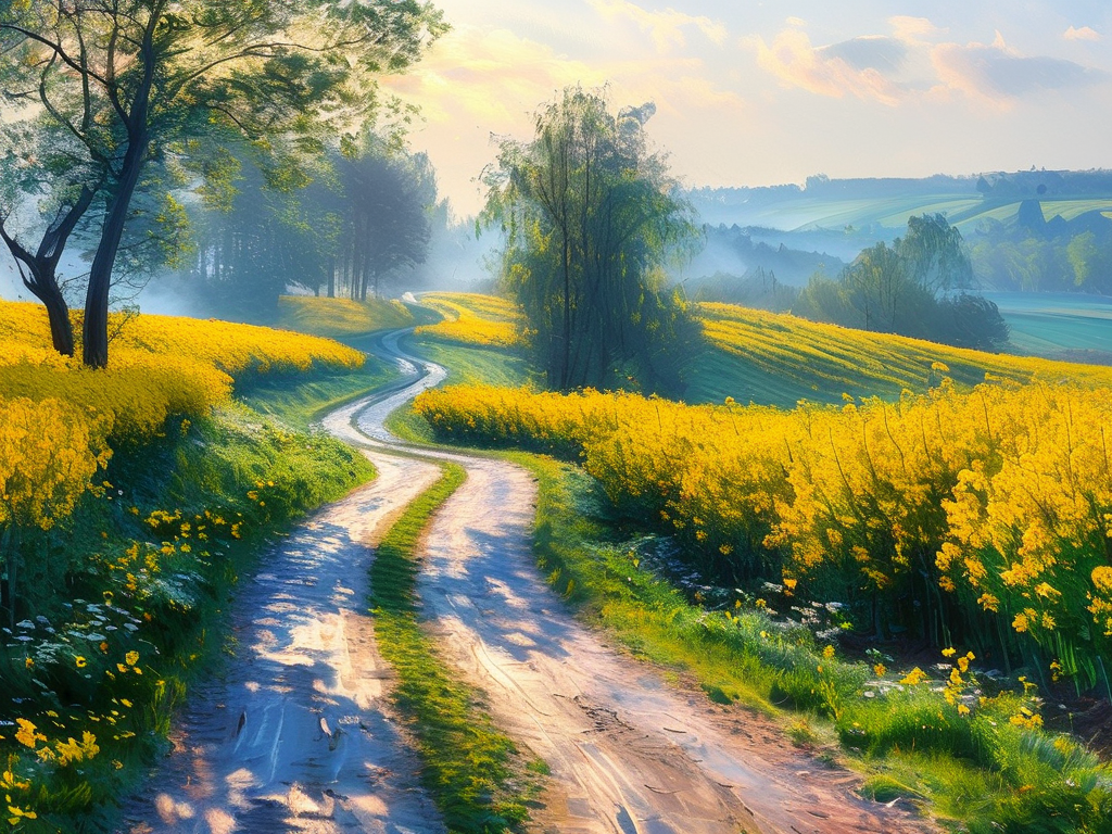 Impressionism AI art: 春日油菜花海中蜿蜒的乡间小路，薄雾朦胧的氤氲氛围