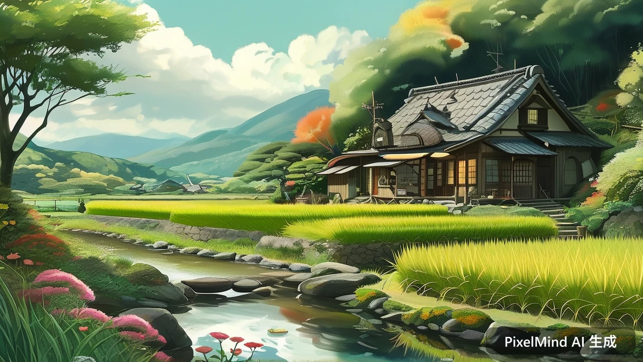 Hand-drawn AI art: 治愈系日系手绘风格的乡间小屋与稻田