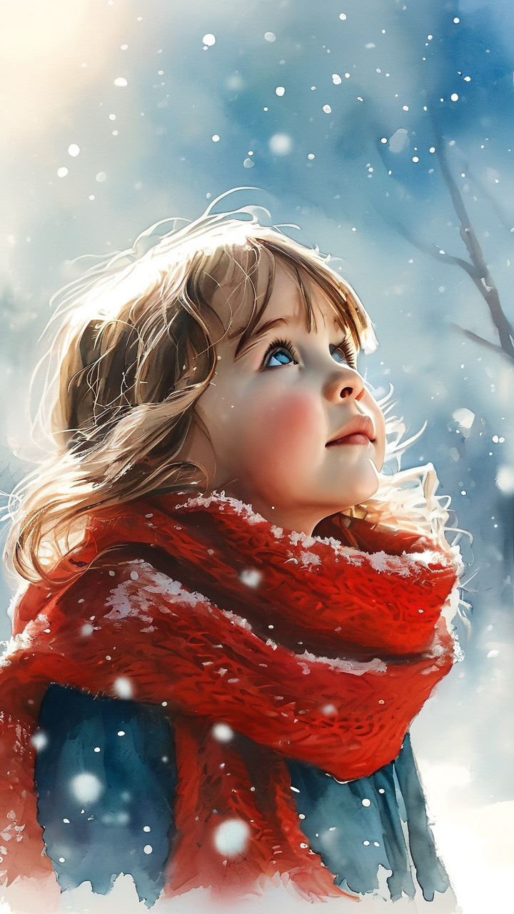 Watercolor AI art: 雪地里裹着红围巾的小女孩仰望天空，盛夏明媚的正午阳光