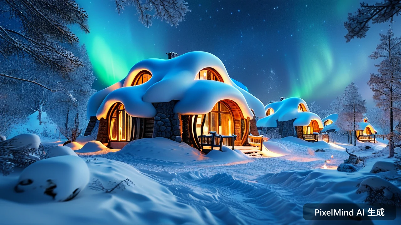 Photorealistic AI art: 北欧极光下的雪屋与驯鹿