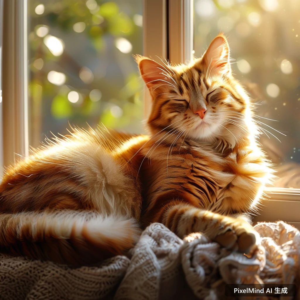 Photorealistic AI art: 一只橘猫坐在洒满阳光的窗台上打盹