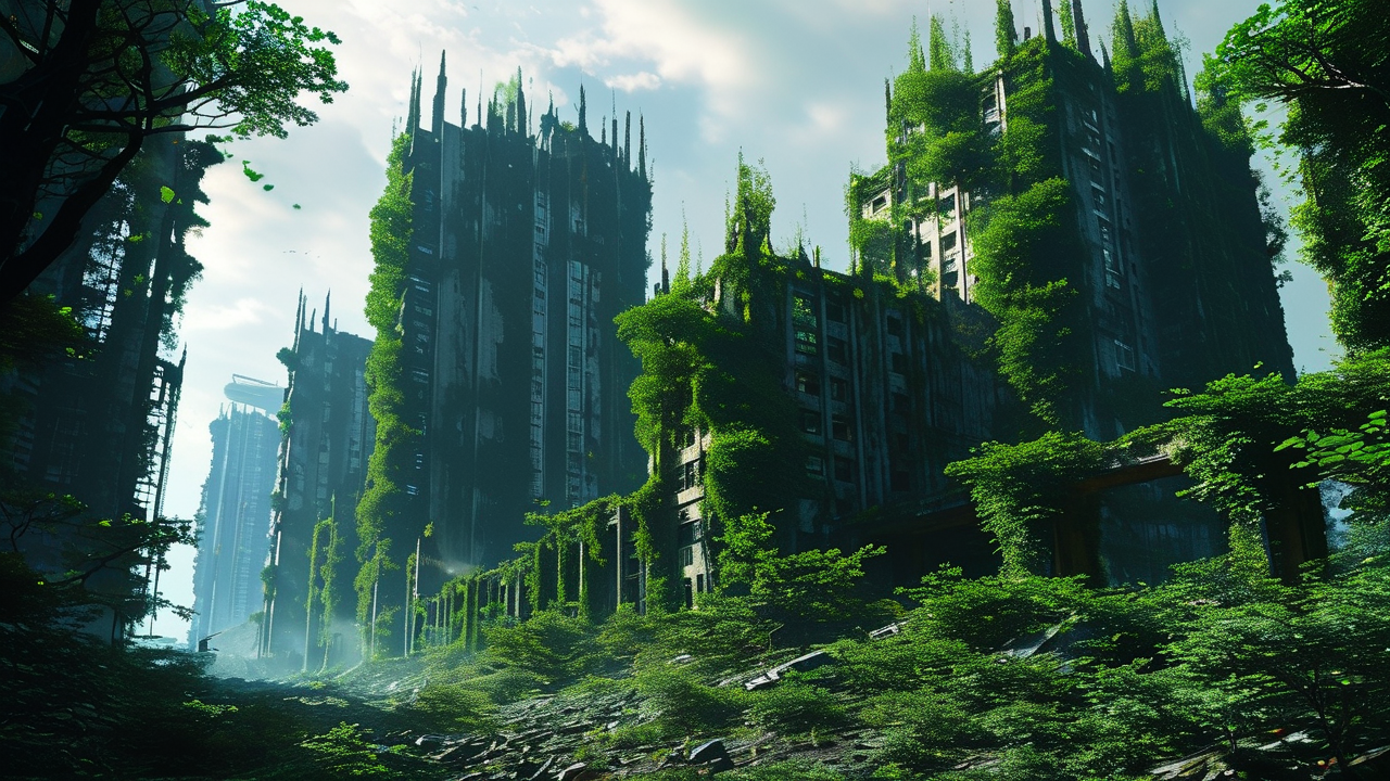 Sci-Fi AI art: 废墟都市被藤蔓与森林吞没，电影感的戏剧性光影