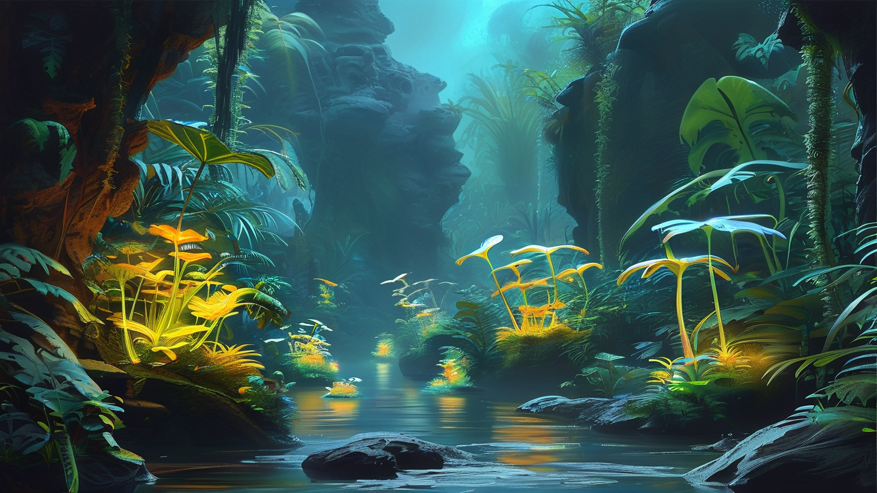 Sci-Fi AI art: 外星丛林中的发光植物与奇异生物，极简留白的构图