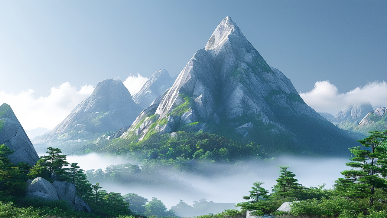 3D Render AI art: 低多边形几何风格的山脉与森林，薄雾朦胧的氤氲氛围