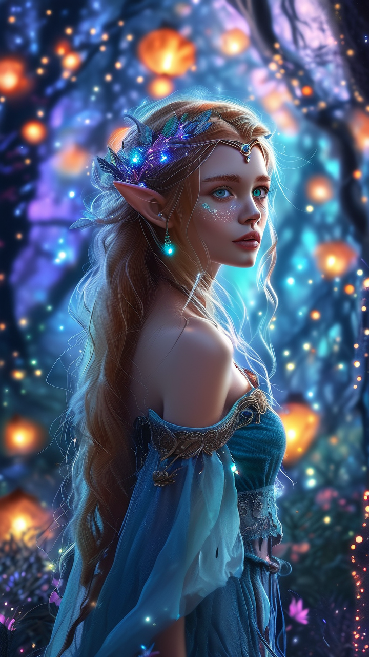 Fantasy AI art: 精灵公主漫步在魔法森林中，节日灯火的绚烂背景