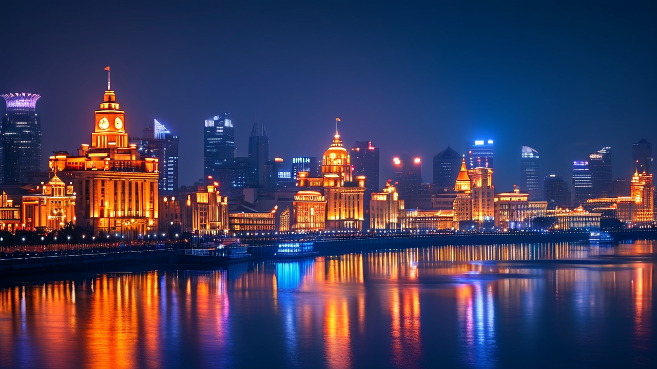Photorealistic AI art: 上海外滩夜景，万家灯火与江面倒影，梦幻柔焦的浪漫氛围