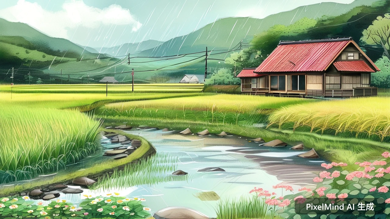 Hand-drawn AI art: 治愈系日系手绘风格的乡间小屋与稻田，雨后湿润清新的空气中