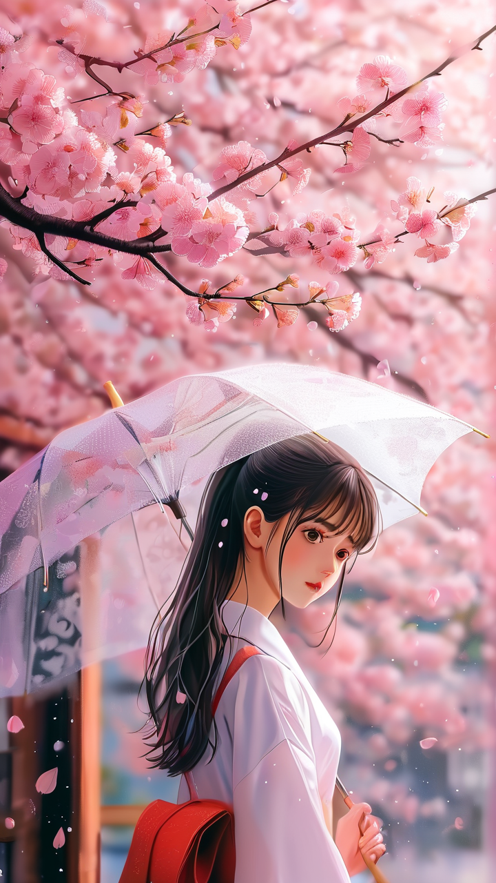 Anime AI art: 盛开的樱花树下，少女撑着油纸伞，梦幻柔焦的浪漫氛围