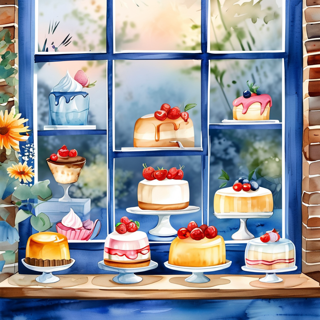 Watercolor AI art: 可爱的水彩风格甜品店橱窗，蓝调时刻的冷色调