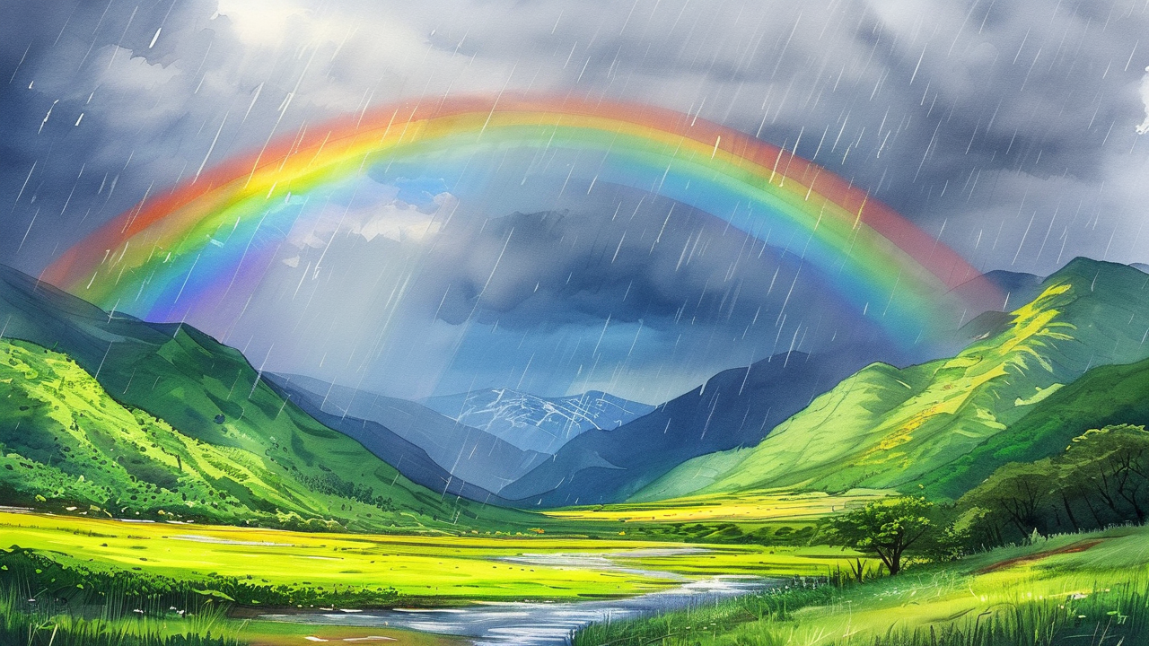 Watercolor AI art: 雨后彩虹横跨翠绿的山谷，暴风雨来临前的压抑天空