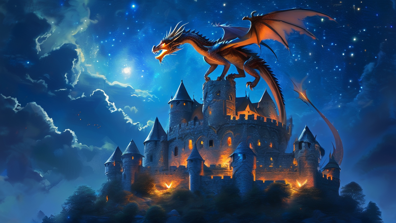 Fantasy AI art: 巨龙盘旋在中世纪城堡上空，夜晚璀璨的星空下