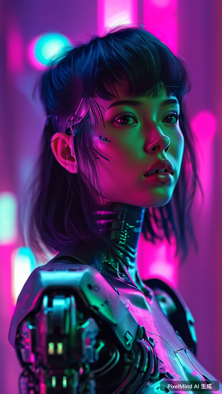 Cyberpunk AI art: 赛博朋克女孩,半机械义体,霓虹背景,电影感的戏剧性光影