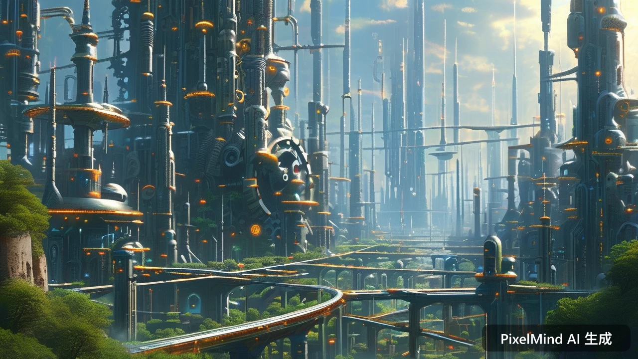 Sci-Fi AI art: 巨大的机械城市，齿轮与管道交错