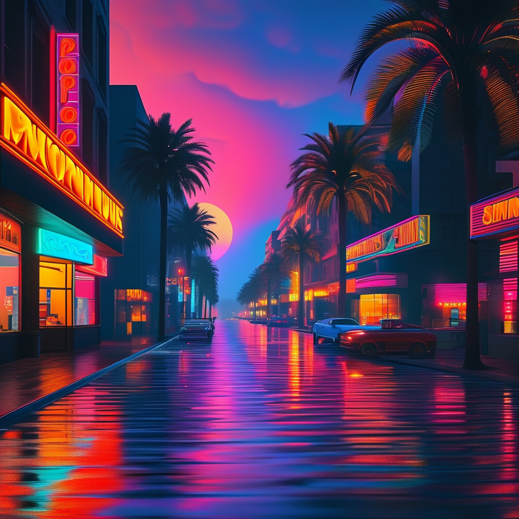 Neon Glow AI art: 波普艺术风格的城市拼贴，清晨柔和的阳光下