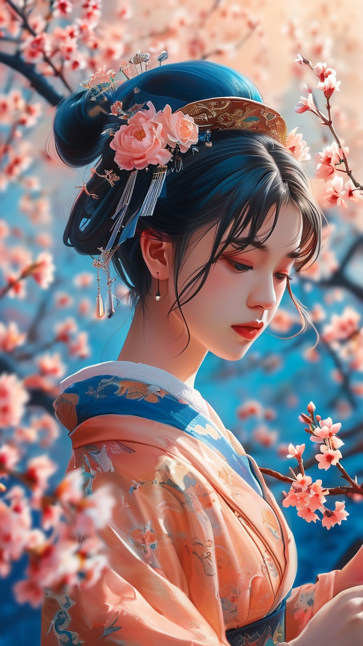 Anime AI art: 身着汉服的少女在桃花林中抚琴，蓝调时刻的冷色调