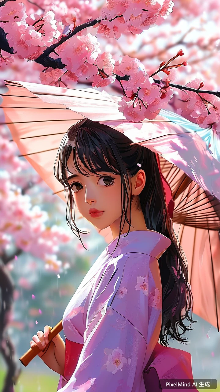 Anime AI art: 盛开的樱花树下，少女撑着油纸伞