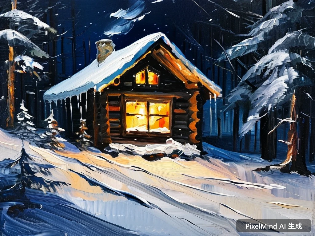 Oil Painting AI art: 雪夜里温暖的木屋窗口透出灯光