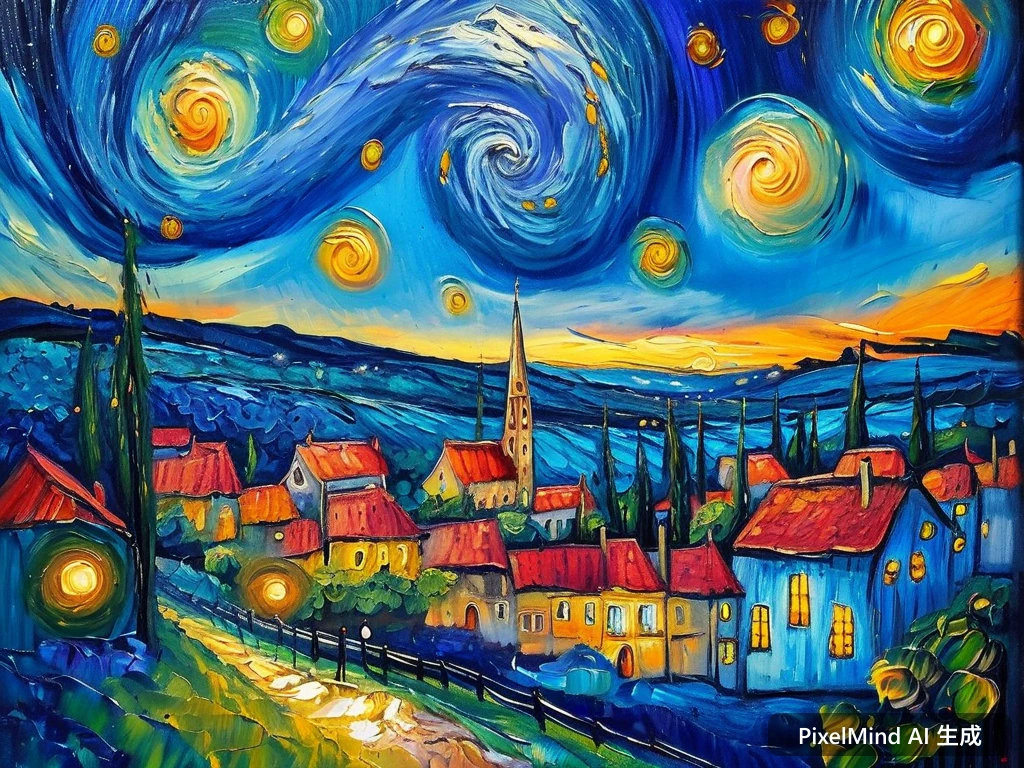 Oil Painting AI art: 梵高风格的星空下的小镇