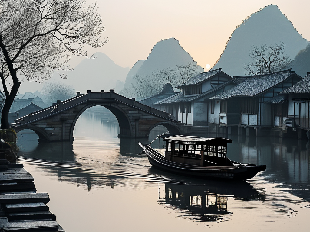 Ink Wash AI art: 江南水乡的清晨，乌篷船划过石桥，电影感的戏剧性光影