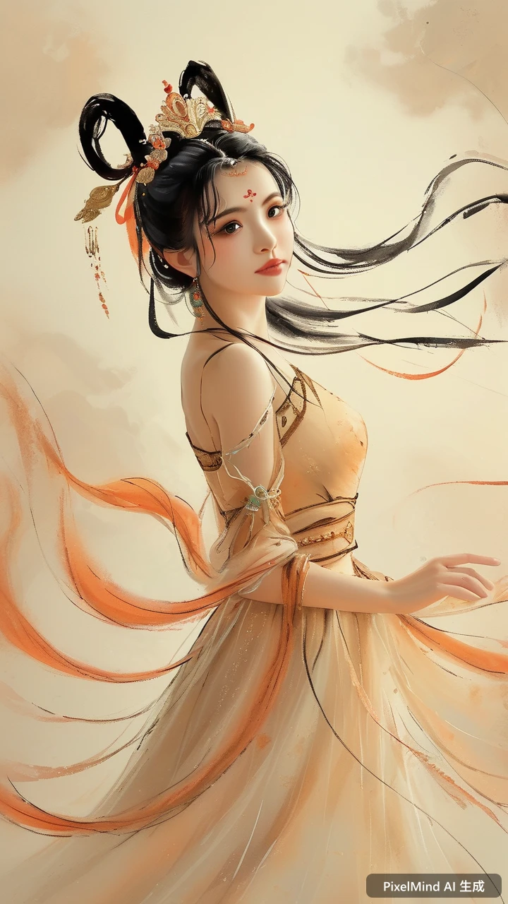Ink Wash AI art: 敦煌飞天壁画风格的仙女,梦幻柔焦的浪漫氛围