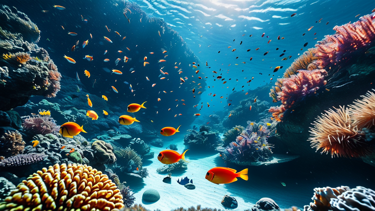 Photorealistic AI art: 海底珊瑚礁世界，成群的热带鱼，雨后湿润清新的空气中