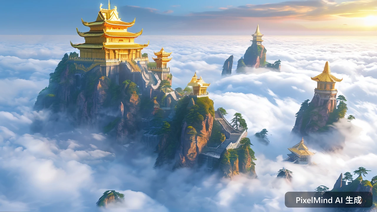 Fantasy AI art: 云海之上的金顶神庙