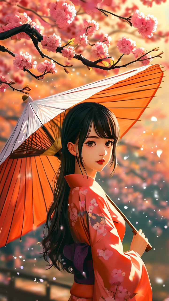 Anime AI art: 盛开的樱花树下，少女撑着油纸伞，秋意渐浓的暖色调