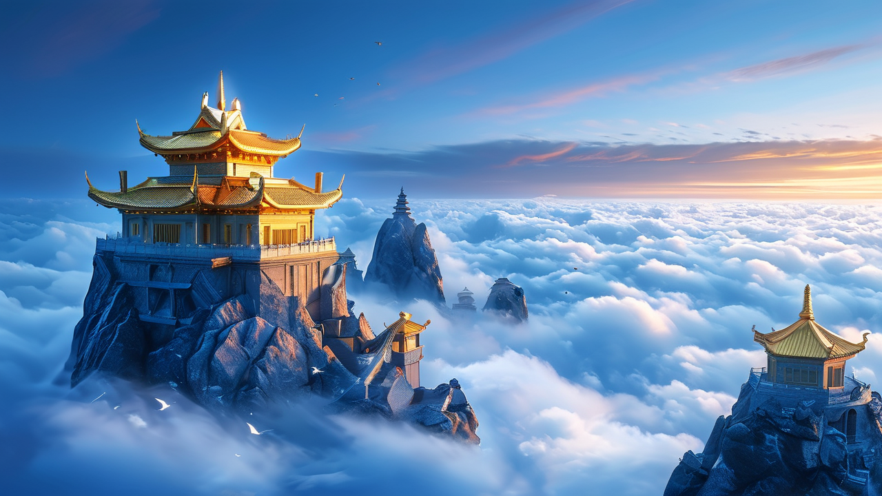 Fantasy AI art: 云海之上的金顶神庙，蓝调时刻的冷色调
