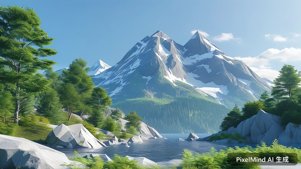 3D Render AI art: 低多边形几何风格的山脉与森林，盛夏明媚的正午阳光