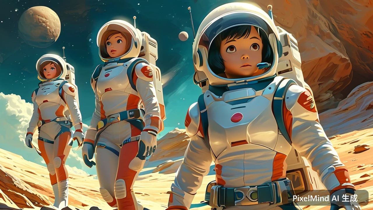 Anime AI art: 卡通风格的太空探险小队登陆外星球，电影感的戏剧性光影